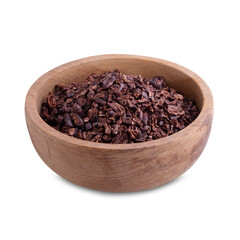 Cacao nibs are a piece of broken cocoa beans in wooden bowl isolated on white background