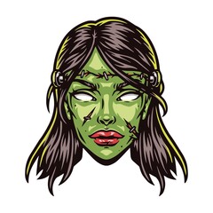 Scary green zombie girl head