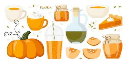 Pumpkin seasonal products. Pumpkin, pie, jam, latte, oil, smoothie, soup. Food and drinks isolated. Autumn delicious sweet desserts. Fall season elements for scrapbook, poster, invitation, sticker.