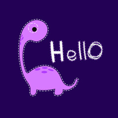 A vector cute cartoon pink dinosaur isolated on violet background and say hello