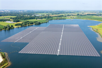 Aerial from solar panels on a lake in the Netherlands