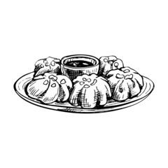 Baozi with sauce on plate. Vintage vector hatching hand drawn illustration isolated