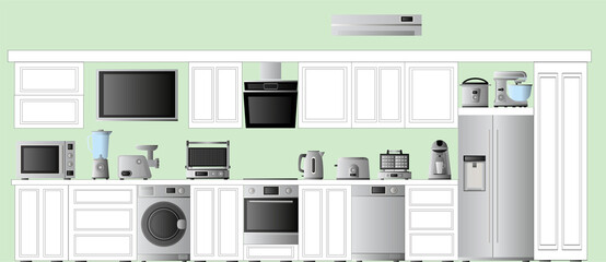 Kitchen design. Kitchen with household electronic appliances for the kitchen. Vector illustration of home appliances for cooking. Slow cooker, toaster, blender, mixer, waffle iron, grill, coffee machi