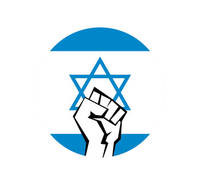 Clenched fist in a circle against the background of the blue flag of Israel. The symbol of the struggle and unity of the people of Israel. Vector illustration icon on white isolate