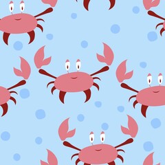 Naklejka premium Vector seamless baby pattern. Beach theme. Red crab on a blue background with bubbles. Suitable for printing on fabric and paper. 