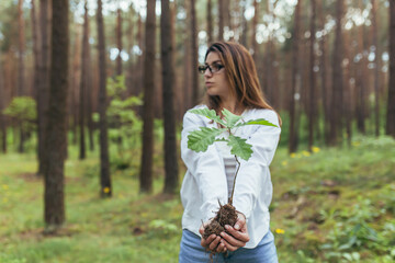 Young female volunteer plants a forest, holding an oak tree seedling in her hands