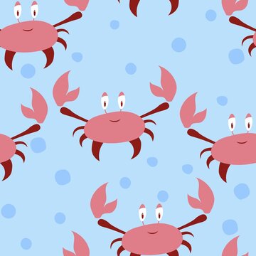 Vector seamless baby pattern. Beach theme. Red crab on a blue background with bubbles. Suitable for printing on fabric and paper. 