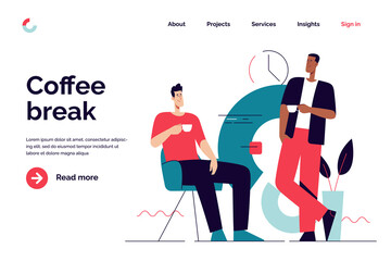 Business concept flat style outline vector illustration on the subject of coffee break and communication. Editable stroke