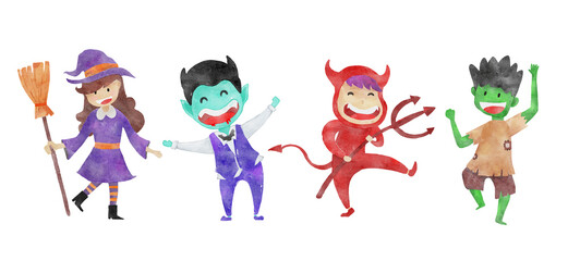 Happy Halloween Day with collection of cute monster watercolor character design
