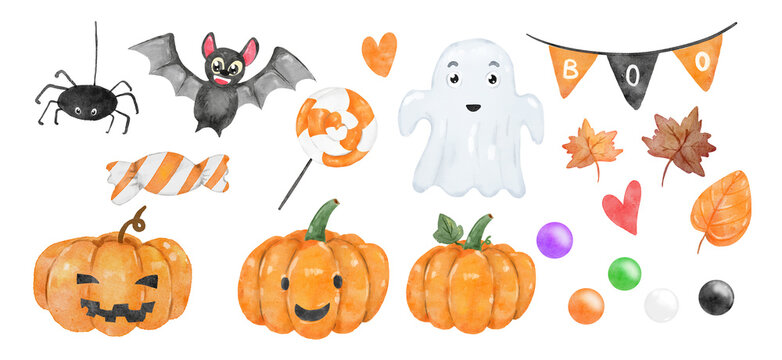 Happy Halloween cute collection bat, pumpkin, ghost, party boo flag and various holiday symbols. Watercolor painting on white. Hand drawn graphic elements for creative design, printable decor