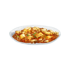 Mapo tofu on plate. Vintage vector hatching hand drawn illustration isolated