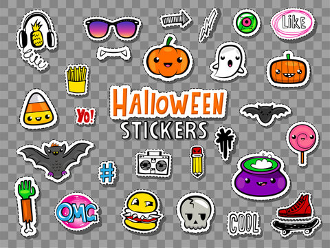Vector set of Halloween teens stickers and patches in doodle style.