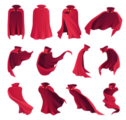 Collection superhero red cape vector apparel fairy character mantle costume, magic cover, cloak - obrazy, fototapety, plakaty