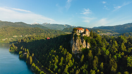 Amazing view of Bled Castle in Slovenia. July clouds.