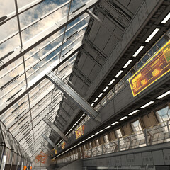 3D-illustration of a futuristic empty hallway room in a science fiction starship