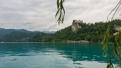 Amazing view of Bled Castle in Slovenia. July clouds.
