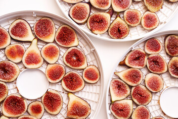 Fruit drying process on dehydrator. Top view