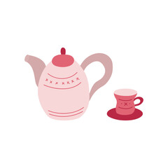 Illustration of a teapot and a cup and saucer. Simple doodle drawing. Vector isolated on white background.