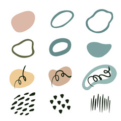 Set of hand drawn colorful shapes and doodle objects - circles, lines, dots. Vector illustration with abstract random trendy modern design elements isolated on white background