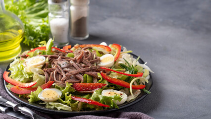Beef tongue salad with fresh vegetables on a plate. Space for text