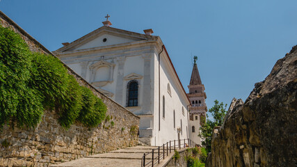 Fototapeta na wymiar St. George´s Parish Church in Piran in Slovenia. The church was built in the venetian renaissance architectural style.