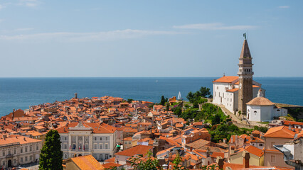 Aerial view of the fairy-tale town of Piran in Slovenia.