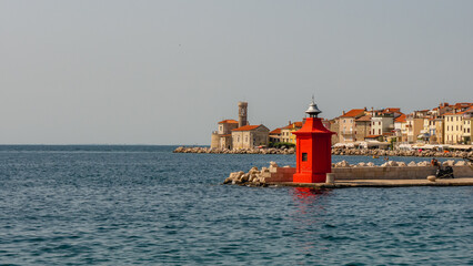 Fototapeta premium View of the town of Piran and the Adriatic Sea and yachts.
