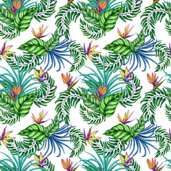 Seamless pattern of tropical exotic leaves and flowers. Repeating pattern isolated background perfect for textile, fabric and etc