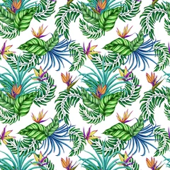 Selbstklebende Fototapeten Seamless pattern of tropical exotic leaves and flowers. Repeating pattern isolated background perfect for textile, fabric and etc © Iuliia
