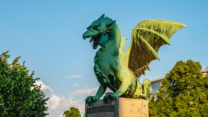 View of the Dragon bridge (Zmajski most), symbol of Ljubljana, capital of Slovenia, Europe. © Kamil