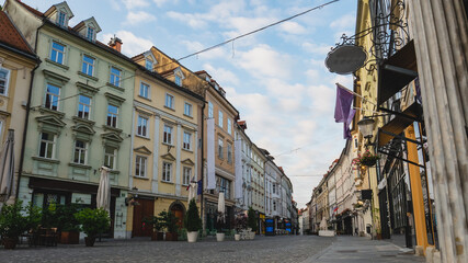 Beautiful streets of Ljubljana in Slovenia in the first rays of sun.