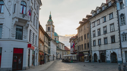 Beautiful streets of Ljubljana in Slovenia in the first rays of sun.