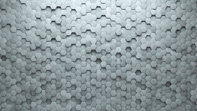 Futuristic, Polished Wall background with tiles. Hexagonal, tile Wallpaper with Concrete, 3D blocks. 3D Render