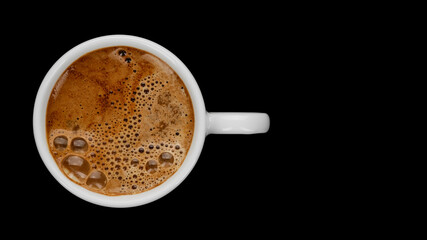 Hot black coffee in white cup on black background, top view