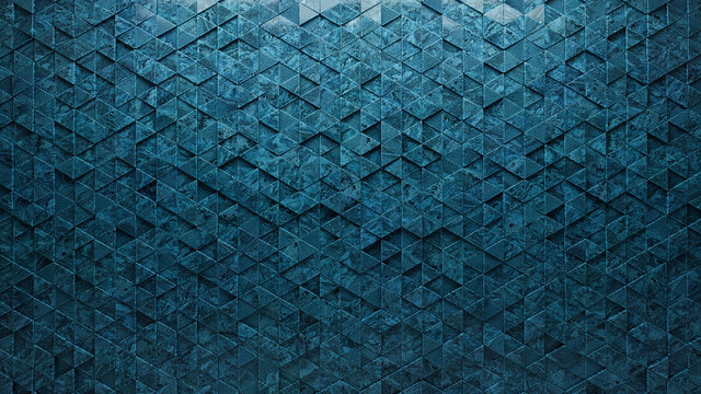 Polished, Textured Wall background with tiles. Triangular, tile Wallpaper with Blue Patina, 3D blocks. 3D Render