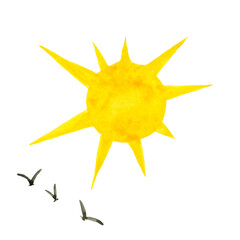 Cloud, Bird, sun, moon, watercolor drawing, Landscape elements Stars and planets Watercolor hand-drawn illustration isolated on a white background.