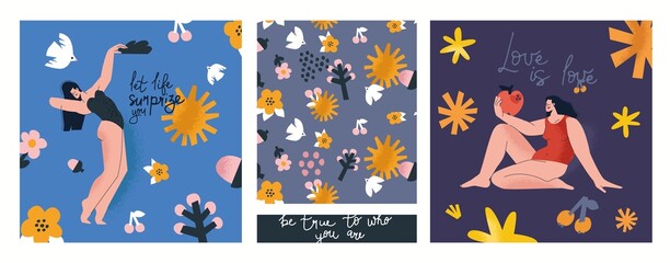 Set of vector illusttation. Feminism body positive postcards with love to own figure, female freedom, girl power isolated vector illustration. 8 march, International Women's Day