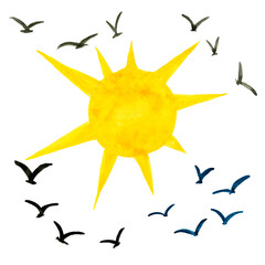 Cloud, Bird, sun, moon, watercolor drawing, Landscape elements Stars and planets Watercolor hand-drawn illustration isolated on a white background.