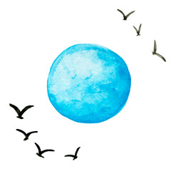 Cloud, Bird, sun, moon, watercolor drawing, Landscape elements Stars and planets Watercolor hand-drawn illustration isolated on a white background.