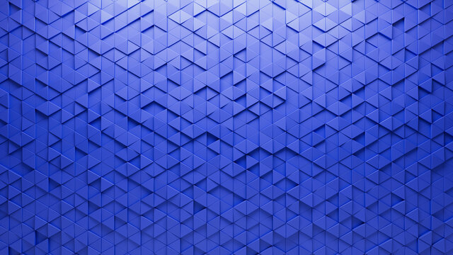 Triangular, Blue Wall background with tiles. Polished, tile Wallpaper with Futuristic, 3D blocks. 3D Render