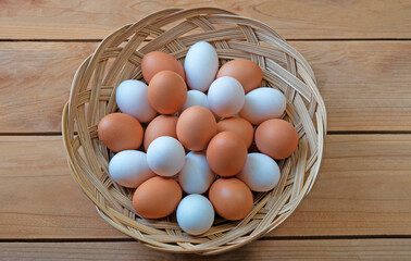 Difference between chicken and duck egg color, white duck eggs and the brown color of chicken eggs in a woven basket.
