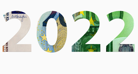 digits 2022 from euro banknotes on white background, money texture