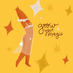 Love yourself print with happy woman with self esteem, heart and motivation quote slogan. Your body your rules, plus size or overweight girls.Inscription for t shirt,cards.Body positive poster.