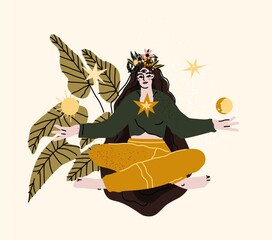 tranquil woman with third eye and croosed legs meditating in yoga lotus posture. Meditation practice. Concept of zen and harmony, femininity. Colored flat vector illustration isolated 