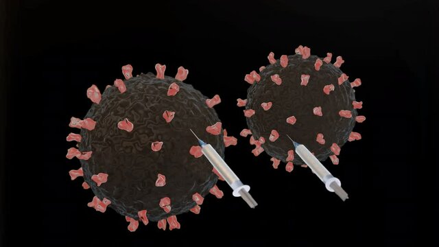 Close-up of dissolving virus under microscope., SARS-CoV-2 COVID-19 pandemic cure or vaccination concept. Realistic high quality medical 3D animation