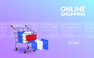 Shopping online web page with cart and stack of the shopping bag. Convenient worldwide marketing on the internet app design concept.