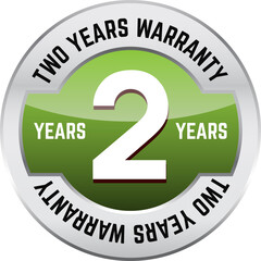 TWO YEARS WARRANTY shiny button. Bright metal shiny circular button with words Two year warranty on it.