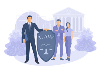 A male attorney represents clients in court. The concept of law, justice and reliable protection. Legal services for the family. Color vector flat illustration. - obrazy, fototapety, plakaty