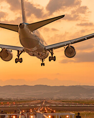 夕焼けにランディングする飛行機の美しいシルエット © S.K