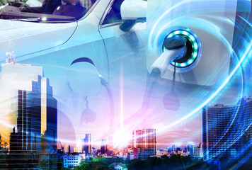 EV Car or Electric vehicle concept with double exposure on cityscape background, Power cable supply plugged in on blurred nature with blue energy power effect. Eco-friendly sustainable energy.